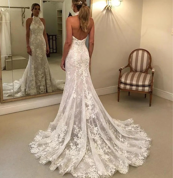Dark Ivory Halter Neck Backless Mermaid Wedding Dress