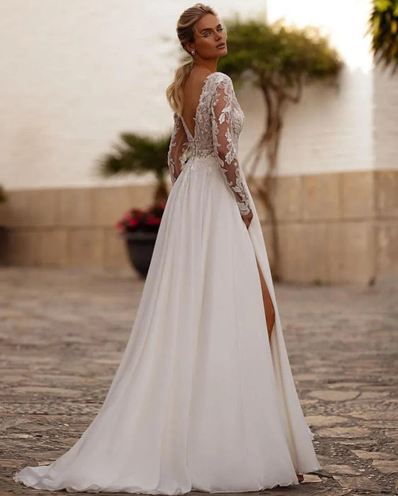 Beautiful Boho Long Sleeve Chiffon & Pearl Lace Wedding Dress