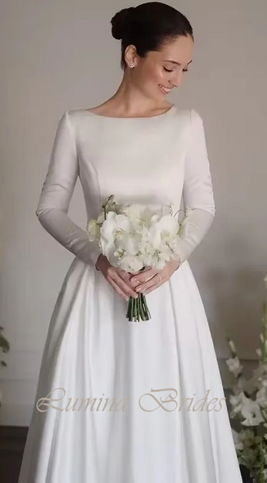 Simple Modest Plain Satin Long Sleeved Wedding Dress