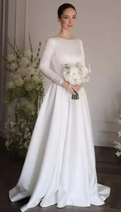 Simple Modest Plain Satin Long Sleeved Wedding Dress