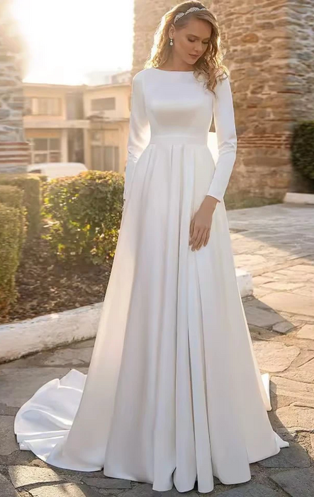Elegant Modest Plain Satin Wedding Dress with Detachable Back Bow Train
