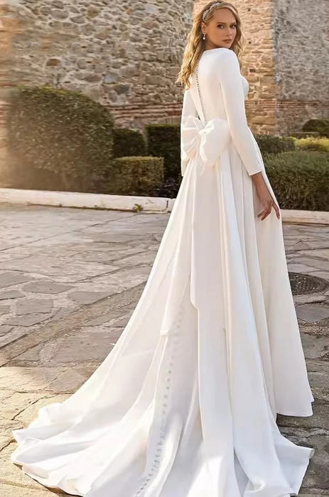 Elegant Modest Plain Satin Wedding Dress with Detachable Back Bow Train