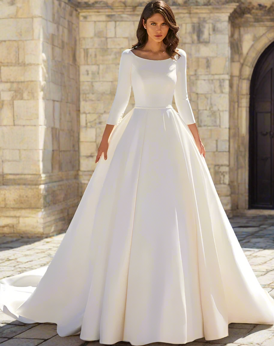 Deluxe Modest Simple Satin Ball Gown Wedding Dress