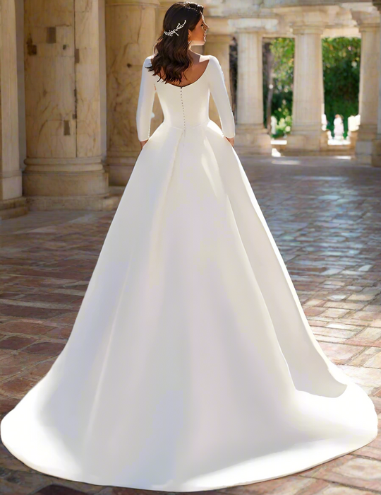 Deluxe Modest Simple Satin Ball Gown Wedding Dress