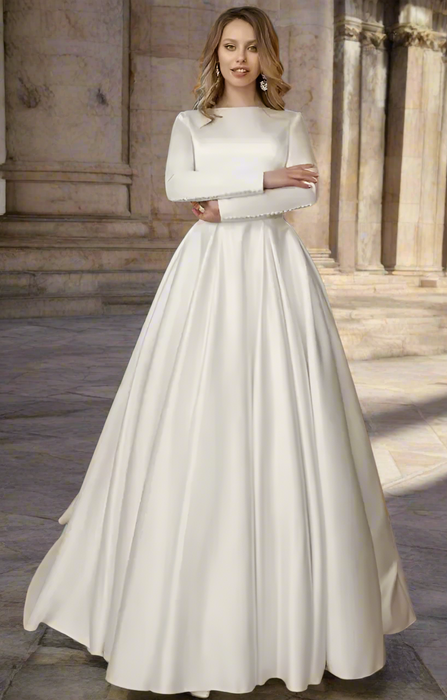 Shiny Ivory Satin Modest Simple Satin Ball Gown Wedding Dress