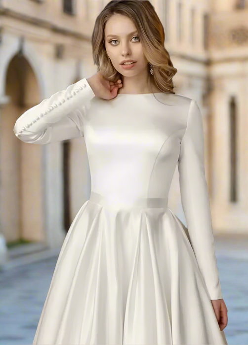 Shiny Ivory Satin Modest Simple Satin Ball Gown Wedding Dress