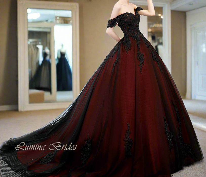Dark Red Black Gothic Deluxe Wedding Dress Ballgown Lumina Brides