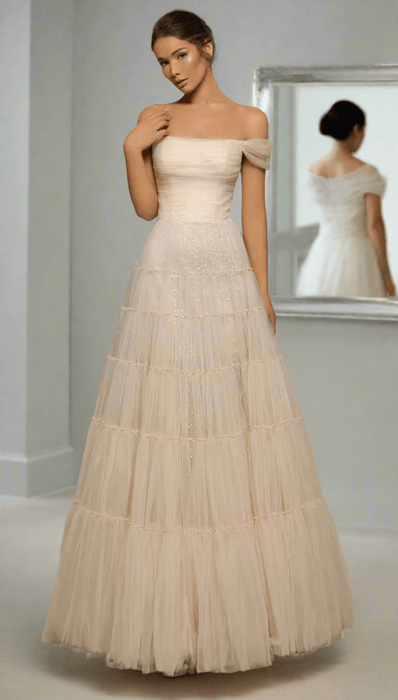 Ankle Length Lightest Pink Floaty Off Shoulder Wedding or Event Dress - Lumina Brides