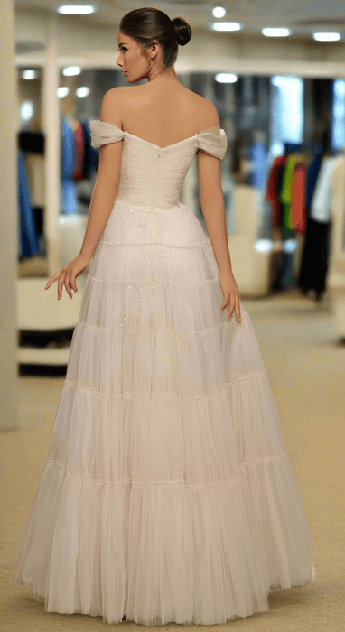 Ankle Length Lightest Pink Floaty Off Shoulder Wedding or Event Dress - Lumina Brides
