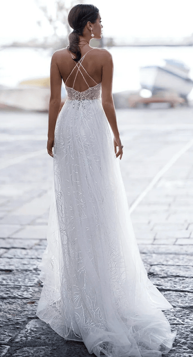 Backless Beach Boho Chiffon Wedding Dress with Beaded Lace - Lumina Brides