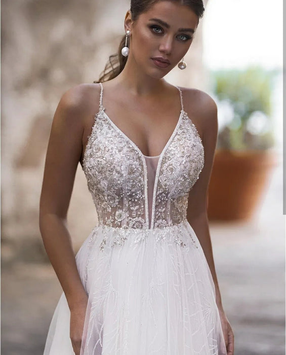 Backless Beach Boho Chiffon Wedding Dress with Beaded Lace - Lumina Brides