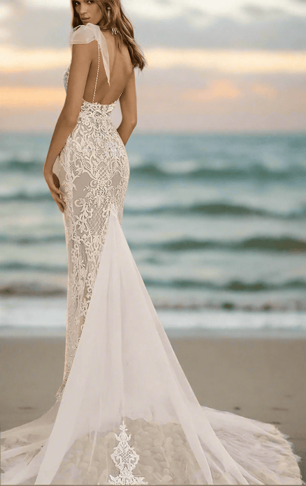 Backless Beach Boho Minimalist Ivory Wedding Dress - Lumina Brides