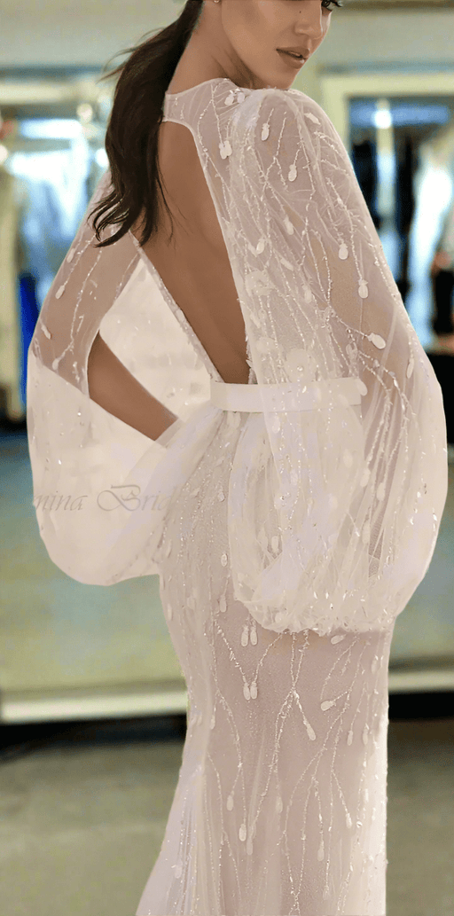 Backless Beach Boho Wedding Dress with Matching Sheer Keyhole Cape - Lumina Brides