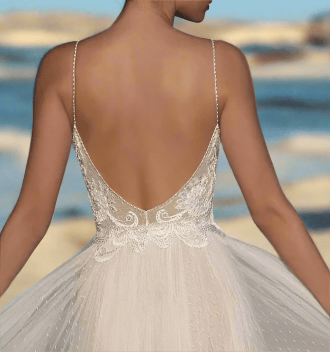 Backless White or Ivory Beach Boho Sheer Wedding Dress with Pearls - Lumina Brides