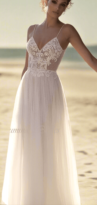 Backless White or Ivory Beach Boho Sheer Wedding Dress with Pearls - Lumina Brides