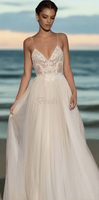 Backless White or Ivory Beach Boho Sheer Wedding Dress with Pearls - Lumina Brides