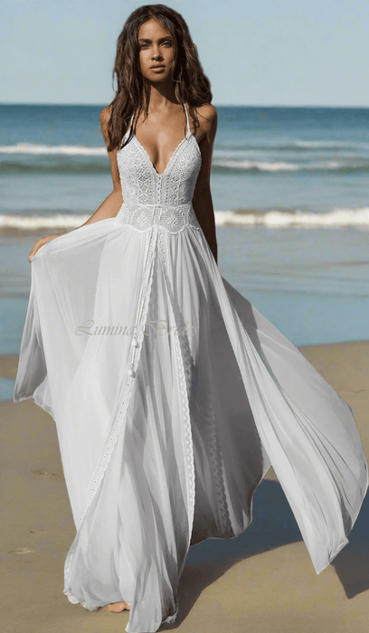 Backless White or Ivory Layered Beach Boho Sexy Wedding Dress - Lumina Brides