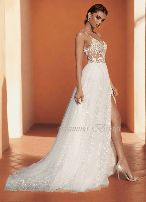 Backless White or Ivory Minimalist Wedding Dress with Pearls - Lumina Brides