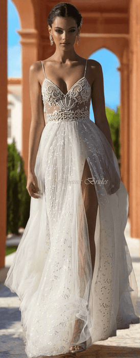 Backless White or Ivory Minimalist Wedding Dress with Pearls - Lumina Brides