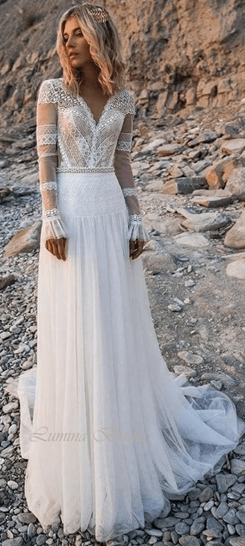 Beach Boho White or Ivory Lace Wedding Dress with Long Sheer Sleeves - Lumina Brides