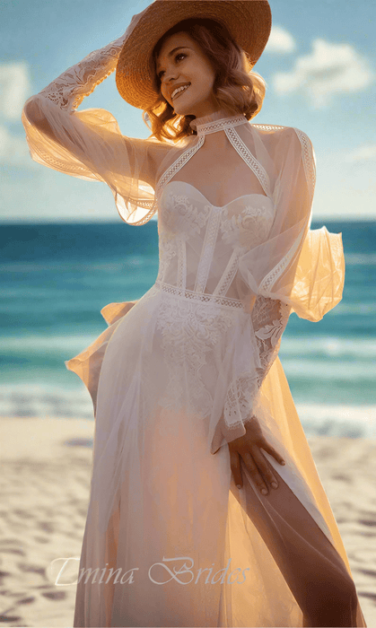 Beach Boho White or Ivory Wedding Dress with Detachable Sheer Top - Lumina Brides