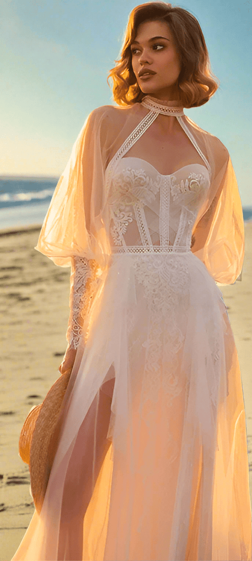 Beach Boho White or Ivory Wedding Dress with Detachable Sheer Top - Lumina Brides