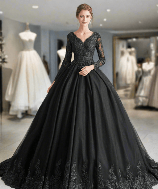 Beaded Lace Black Funeral or Goth Wedding Dress with Veil & Petticoats - Lumina Brides