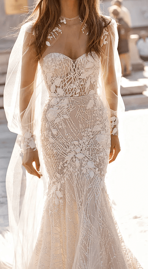 Beautiful Berta Style Ivory Wedding Dress with Crystal Lace & Sheer Sleeved Cape - Lumina Brides