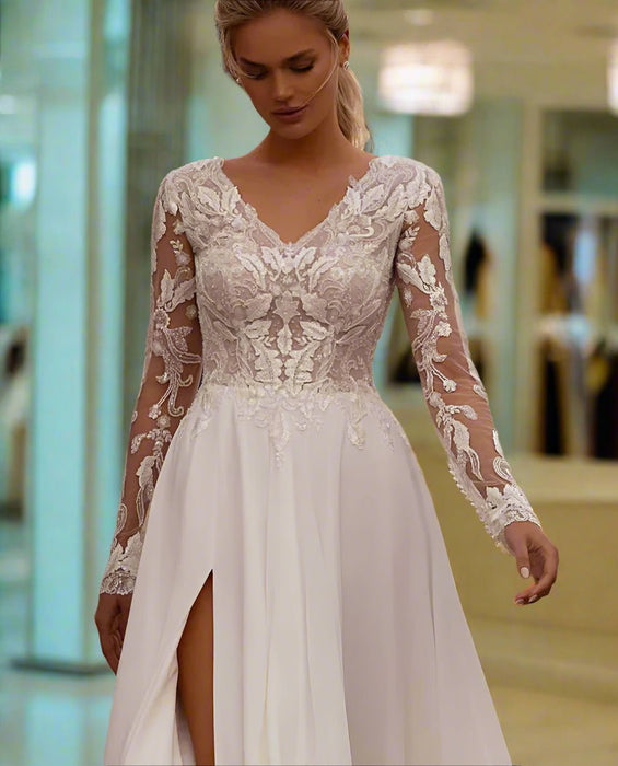 Beautiful Boho Long Sleeve Chiffon & Pearl Lace Wedding Dress - Lumina Brides