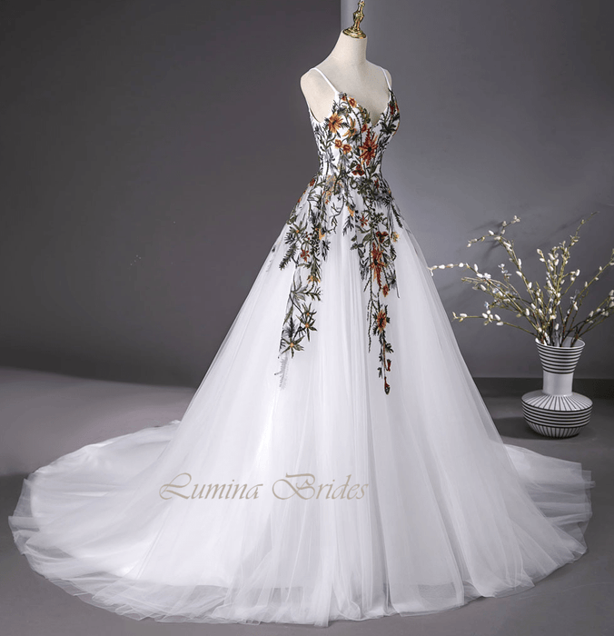 Beautiful Embroidered Flowers Boho Wedding Dress with Matching Veil - Lumina Brides