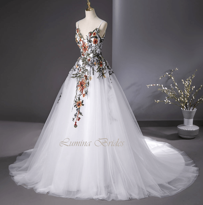 Beautiful Embroidered Flowers Boho Wedding Dress with Matching Veil - Lumina Brides