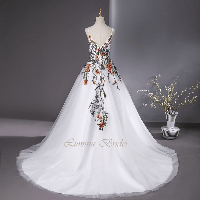 Beautiful Embroidered Flowers Boho Wedding Dress with Matching Veil - Lumina Brides