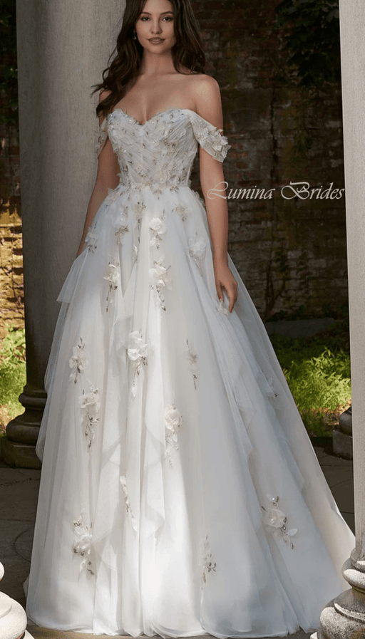 Beautiful Feminine Boho Wedding Dress with 3D Camellia Flowers & Pearls - Lumina Brides