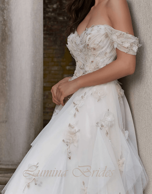 Beautiful Feminine Boho Wedding Dress with 3D Camellia Flowers & Pearls - Lumina Brides