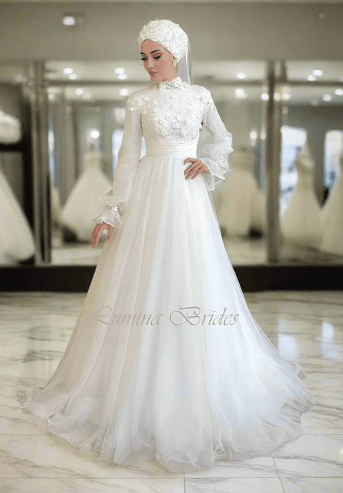 Beautiful Muslim Chiffon Wedding Dress with Floral Lace Hijab & Veil - Lumina Brides
