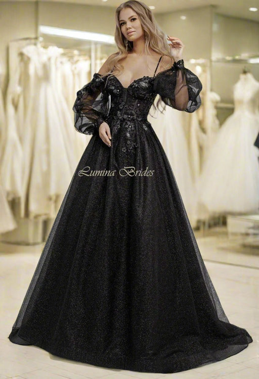 Black Beaded Goth Wedding or Party Dress with Off Shoulder Sleeves - Lumina Brides