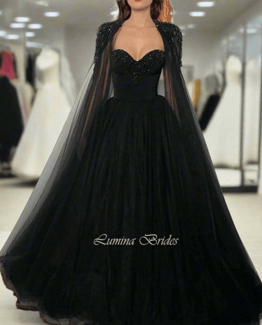 Black Beaded Gothic Gown Event Dress with Detachable Cape & Pearl Back - Lumina Brides