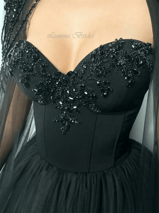 Black Beaded Gothic Gown Event Dress with Detachable Cape & Pearl Back - Lumina Brides