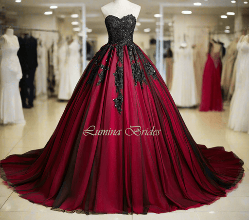 Blood Red & Black Gothic Wedding Dress with Detachable Sleeves - Lumina Brides