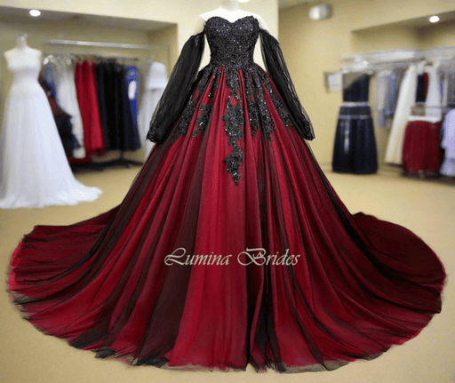 Blood Red & Black Gothic Wedding Dress with Detachable Sleeves - Lumina Brides