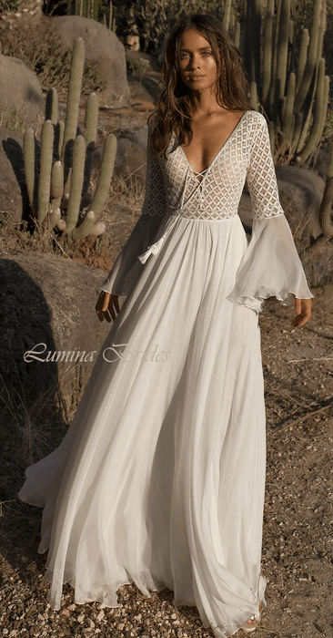 Bohemian White or Ivory Lace & Chiffon Wedding Dress with Open Back - Lumina Brides