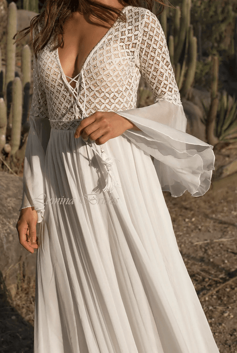 Bohemian White or Ivory Lace & Chiffon Wedding Dress with Open Back - Lumina Brides