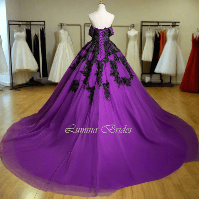 Bright Purple & Black Gothic Gown Event Dress with Corset Back - Lumina Brides