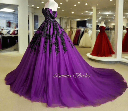 Bright Purple & Black Gothic Gown Event Dress with Corset Back - Lumina Brides