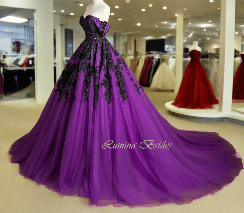 Bright Purple & Black Gothic Gown Event Dress with Corset Back - Lumina Brides