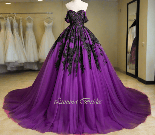 Bright Purple & Black Gothic Gown Event Dress with Corset Back - Lumina Brides