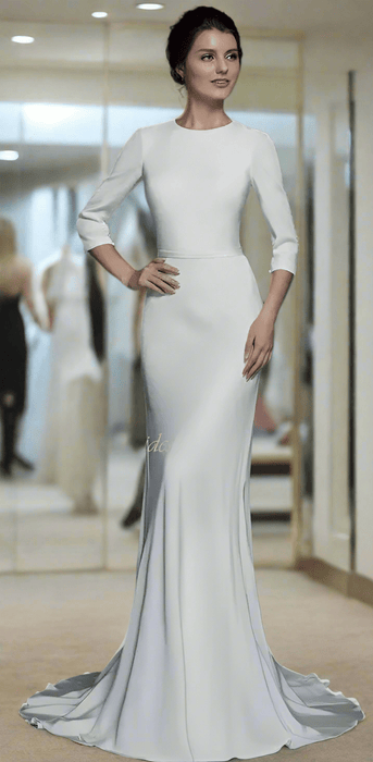 Casual Modest Stretch Satin High Neck Wedding or Ceremony Dress - Lumina Brides