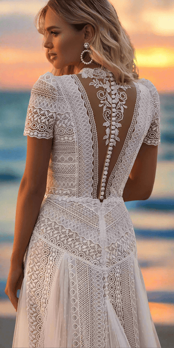 Casual Off White Lace Beach Boho Wedding Dress with Pearl Button Back - Lumina Brides