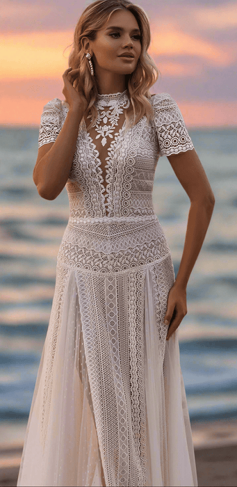 Casual Off White Lace Beach Boho Wedding Dress with Pearl Button Back - Lumina Brides