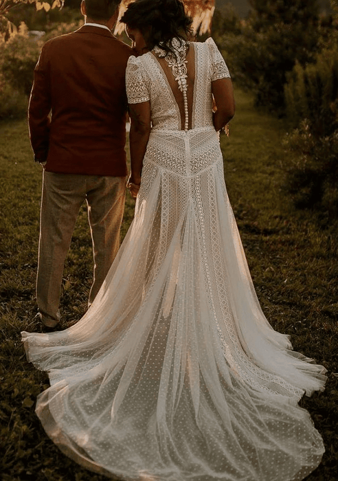 Casual Off White Lace Beach Boho Wedding Dress with Pearl Button Back - Lumina Brides